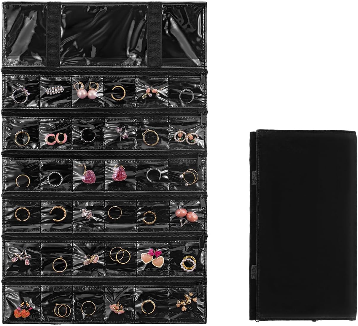 Travel Jewelry Organizer Foldable Jewelries Rolls Makeup Cosmetics Storage Bag for Earrings Rings Necklaces Bracelets with Zippered Pockets (36 Pockets)