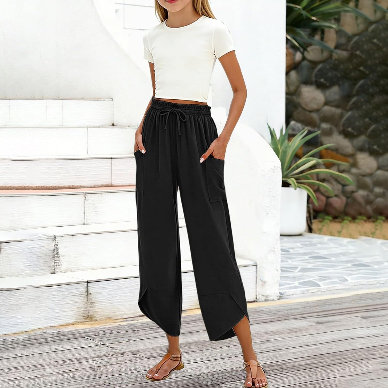 Girls 3 Pack Wide Leg Pants 3pcs Baggy Cotton Cropped Pants with Pockets Preppy Drawstring Elastic Waisted Trousers