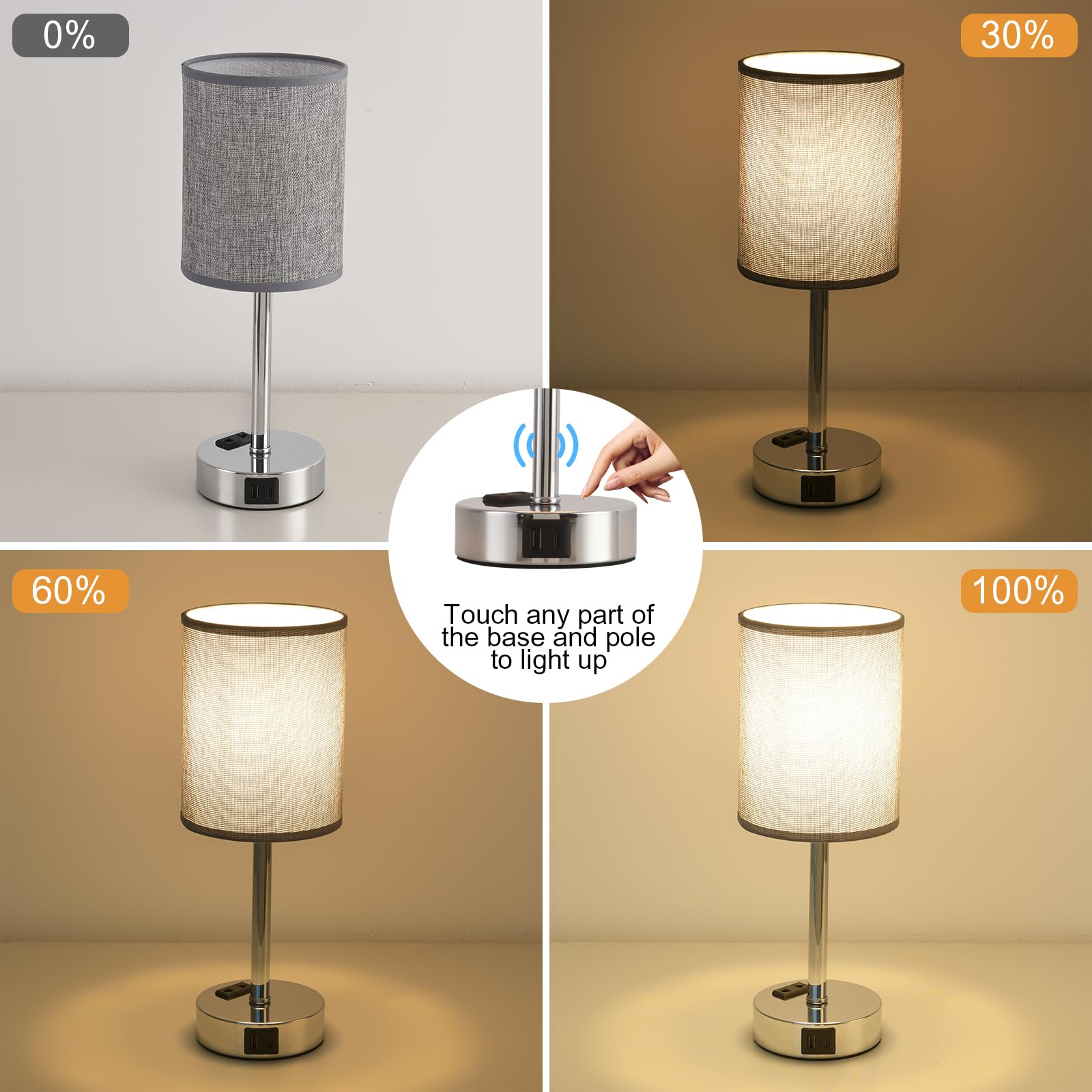 LED Nachttischlampe Touch Dimmbar 2er Set, Tischlampe mit Ladefunktion USB A+C-Anschlüssen, Kleine Lampe für Nachttisch Schlafzimmer Wohnzimmer Babyzimmer Büro (Grau-2 Stück)