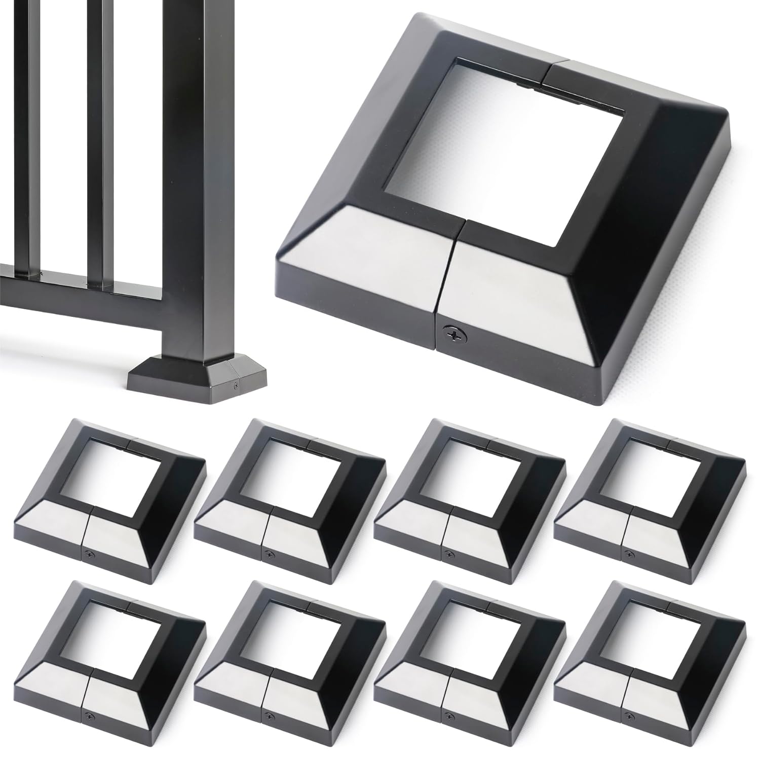 4 Piece 3.5" (3.57" Post x 5" Base) Aluminum Deck Post Base Cover. for Balcony Railings, Stairs, Decks and Porches Split Deck Post Base Cover (Black)