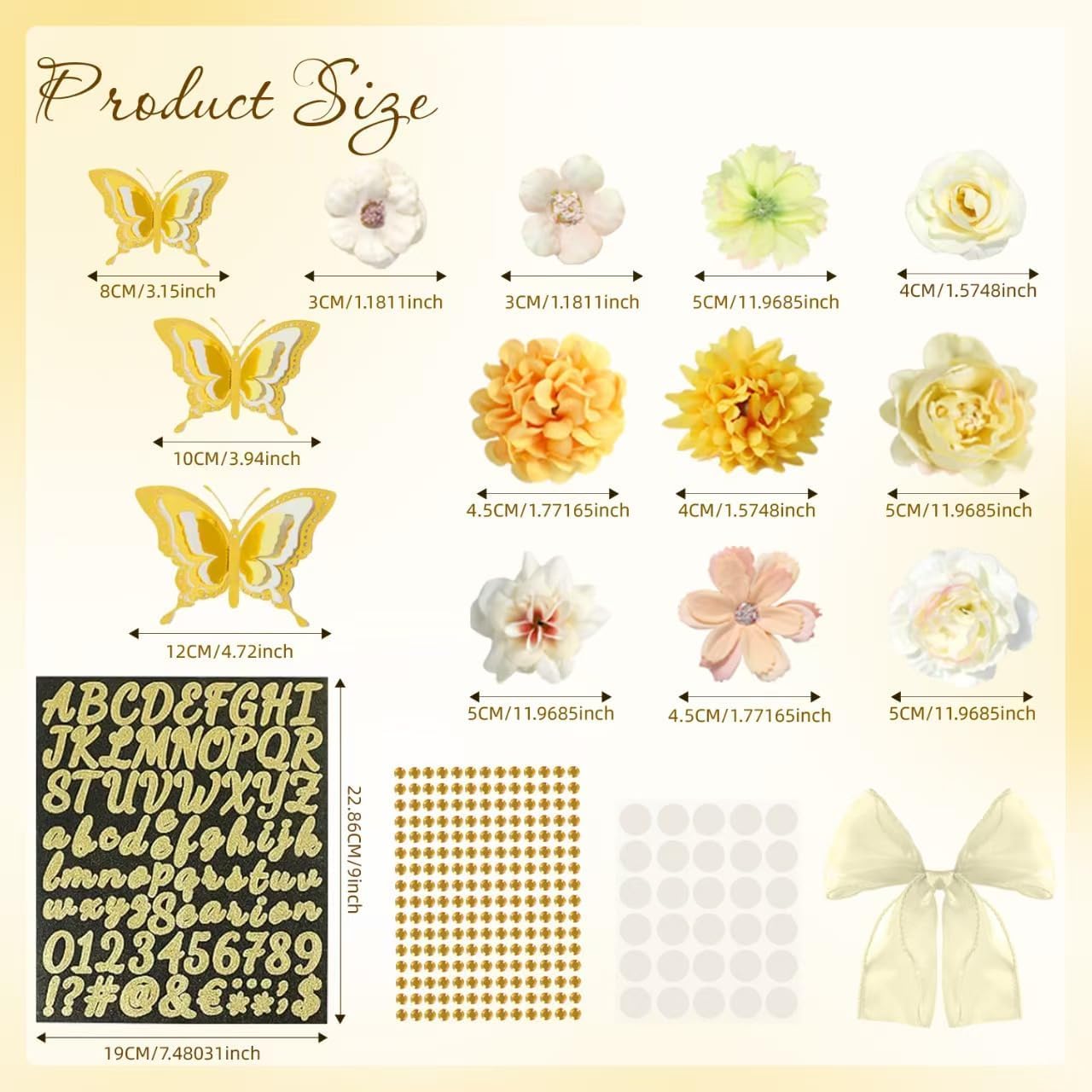 39Pcs Graduation Cap Decorations Kit Golden 3D Butterfly Stickers Yellow Artificial Flowers Yellow Satin Bow Glitter Rhinestones Alphabet Letter Number Stickers for 2026 Graduation Party Supplies image 2