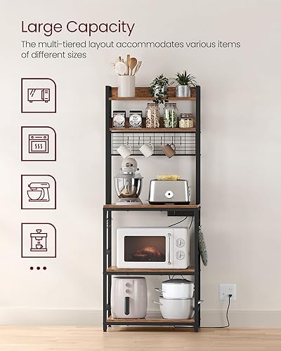 Miniatura 4 de VASAGLE Hutch - Estante para panaderos con toma de corriente, soporte para microondas de 14 ganchos, barra de café ajustable con panel de alambre de