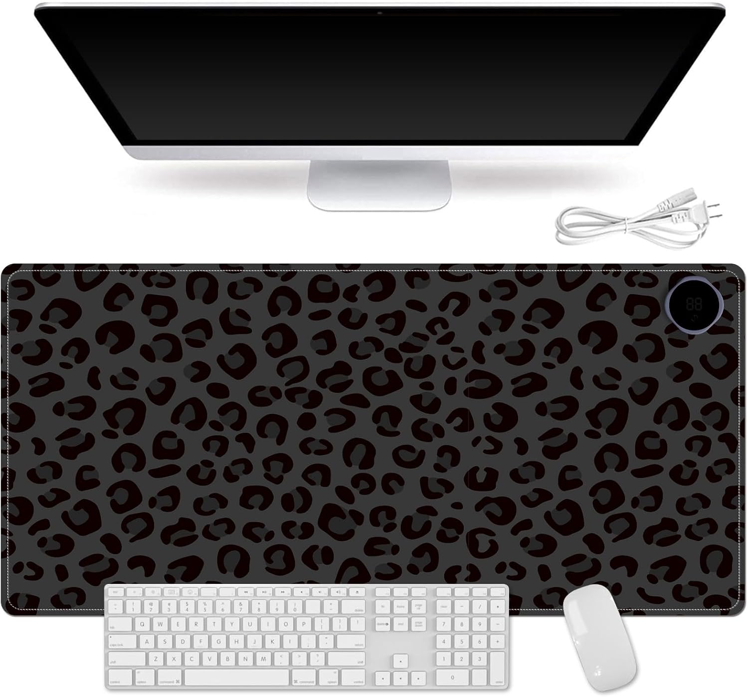 Small Heated Desk Pad 23.6" x 14.2" – Compact Electric Mouse Pad with 3 Heating Levels, Auto Shut-Off, Waterproof PU Surface, Plug-in Warmer for Office or Home Use, Dark Leopard Print