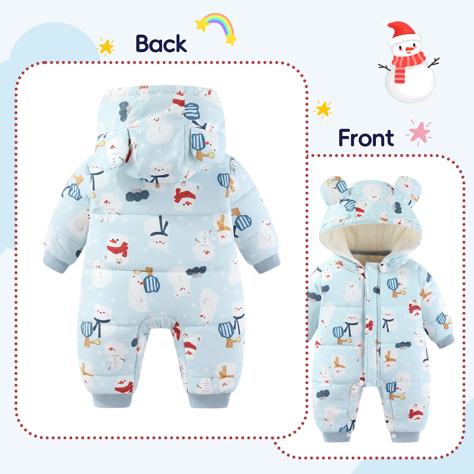 JiAmy Combinaison de neige pour bébé fille et garçon - Combinaison d'hiver avec capuche - Manches longues - Imprimé mignon - Pour 3 à 24 mois