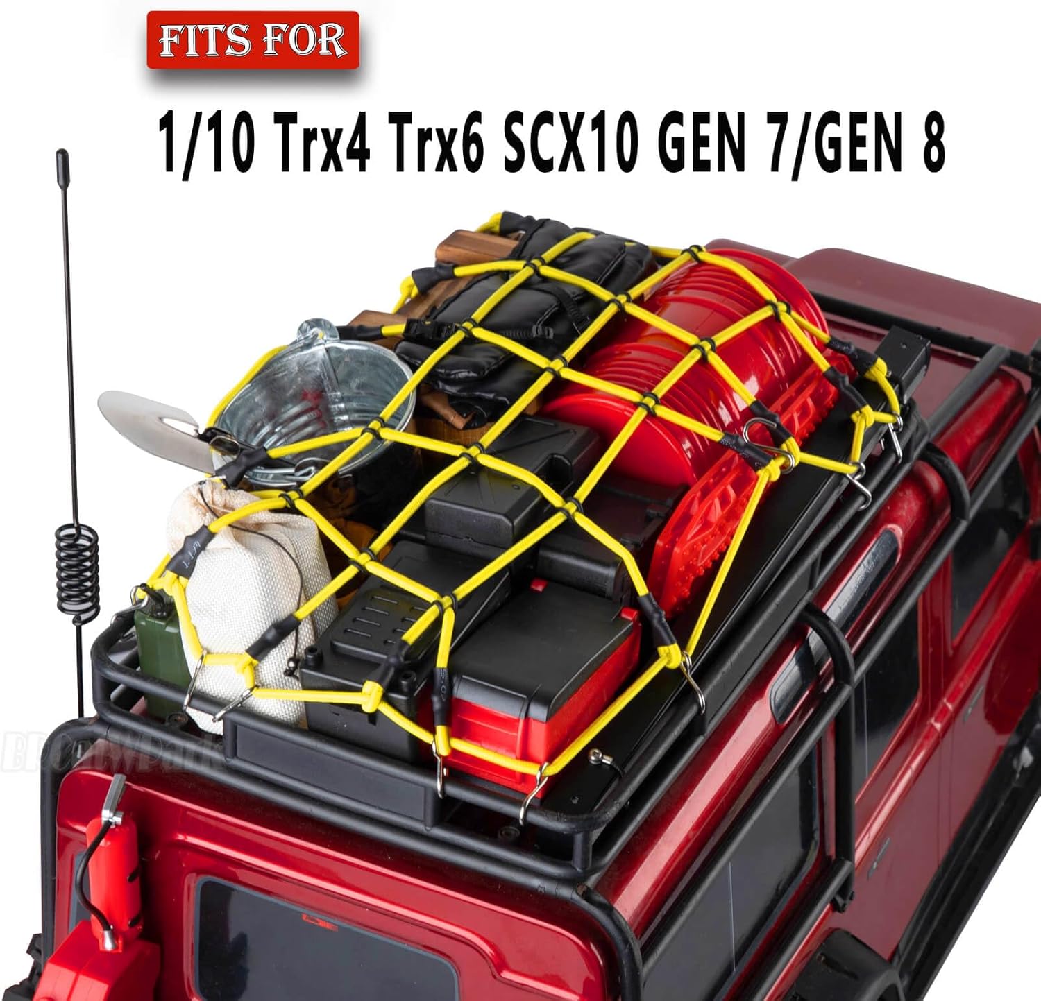 RC Crawler Car Decoration Upgrades Part for 1/10 Trx4 Trx6 SCX10 Gen 7/Gen 8,Fishing Box,Luggage net,Size Oil Drum,Recovery Board,Pot Bag,Wood Box Set,Sleeping Bag,Tent,Storage Bag,Antennas,Red