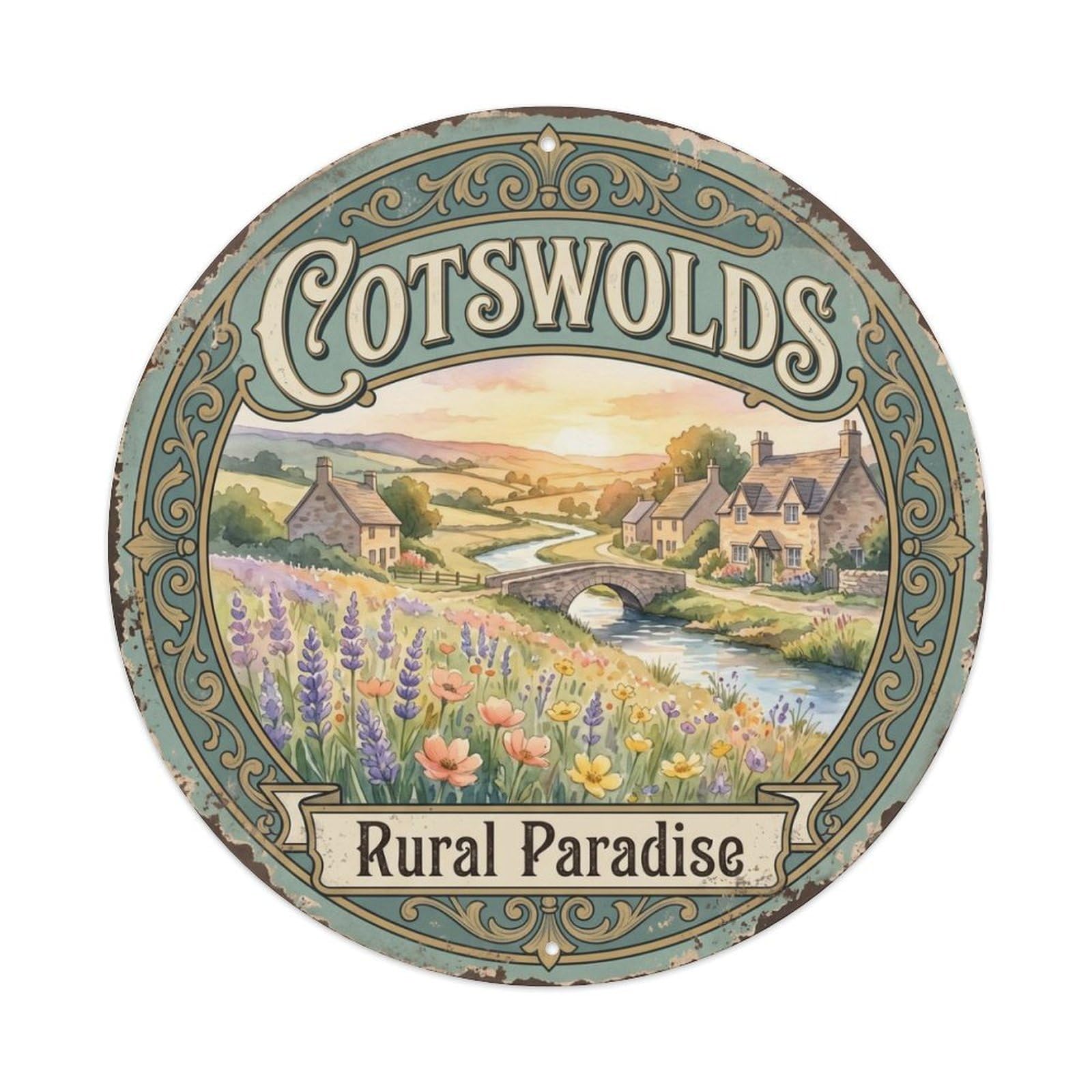 Vintage Travel Cotswolds Countryside Meadow Metal Tin Sign Plaque Wall Decor for Cafe, Club, Garden Round Metal Poster 8x8Inch
