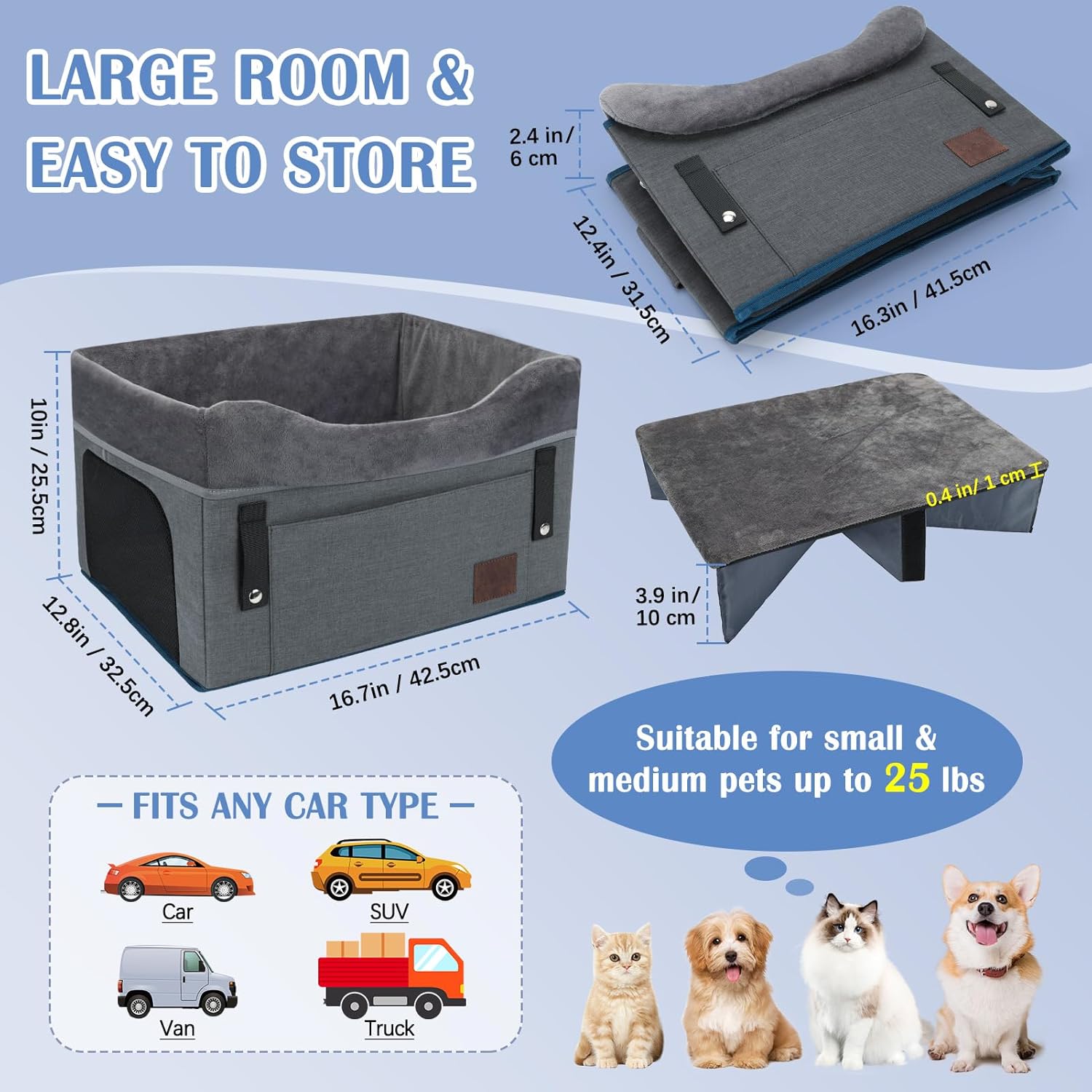 PetsHome Dog Car Seat for Small Dogs, Detachable Washable Dog Booster Car Seat with Storage Pocket, Breathable Mesh, Safety Leash, Adjustable Straps for Small Pets Up to 25lbs-Grey