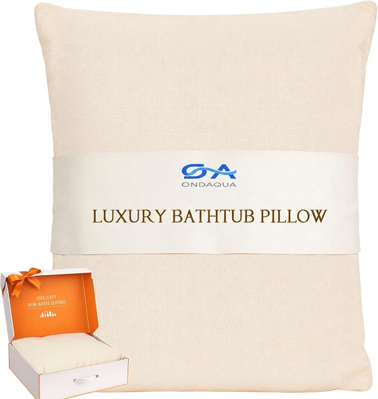 Almofada para banheira ONDAQUA BATH001 em poliéster, branco marfim, com espessura ajustável e gancho para secagem