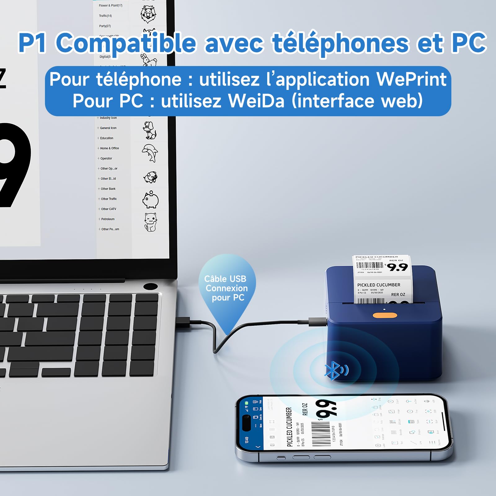 Etichettatrice nastro P1 Stampante termica da 2 pollici Stampante per etichette di spedizione Bluetooth portatile Creatore di adesivi Etichettatrice Uso domestico, ufficio, scuola