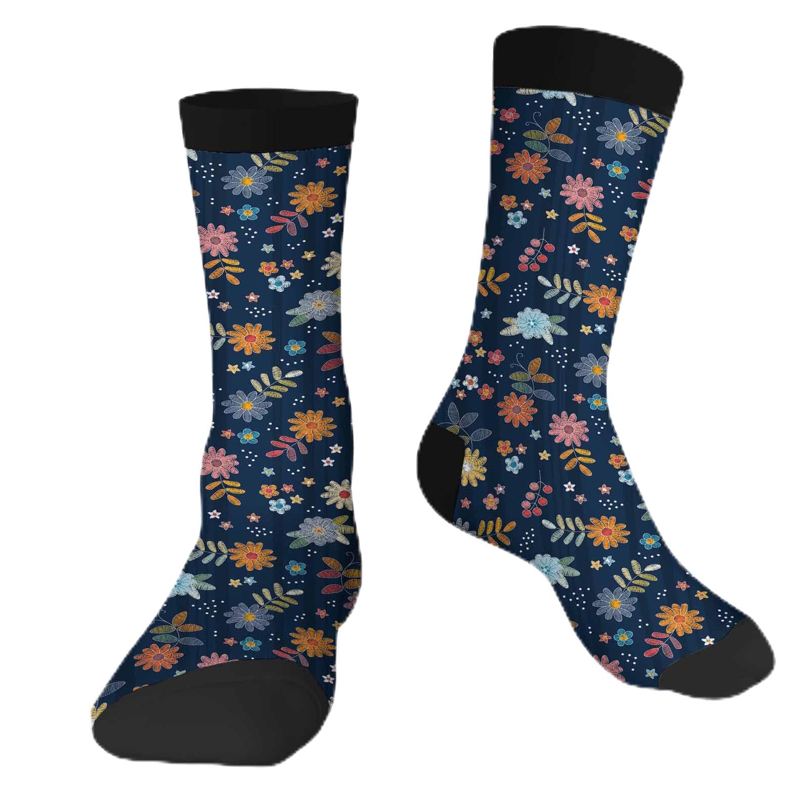 Floral Embroidery Pattern Funny Socks Novelty Casual Crew Socks Contrast Color Design for Women Men
