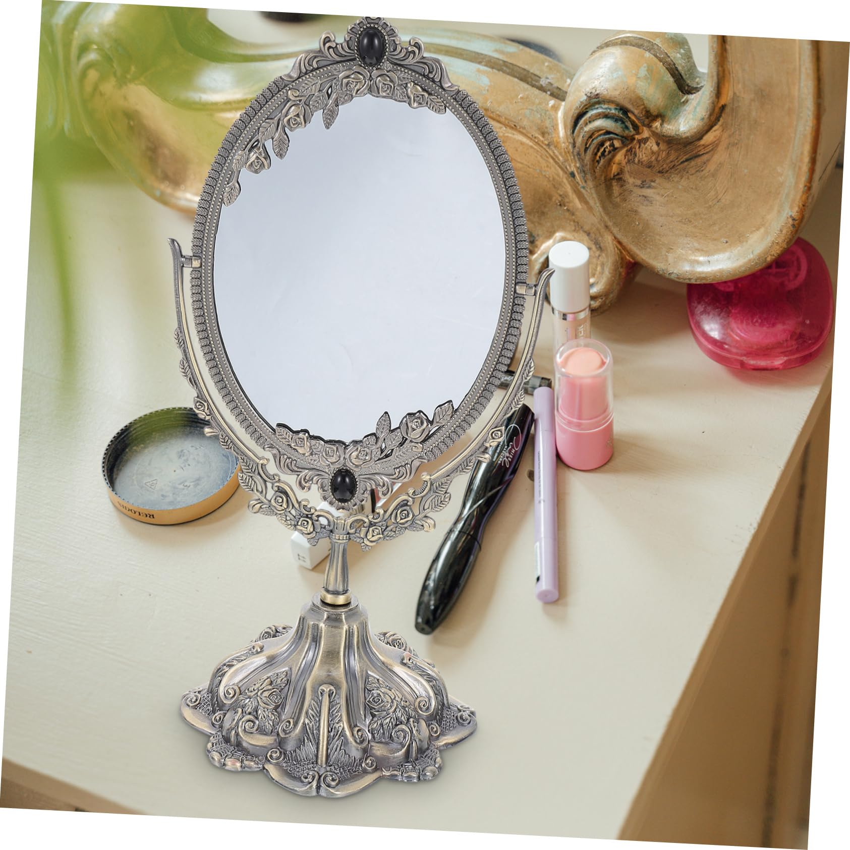 Retro Schminkspiegel aus Zinklegierung mit Drehbarer Doppelseite | Make Up und Hochzeit, Flacher Standfuß, Europäischer Stil, Elegante Ausführung