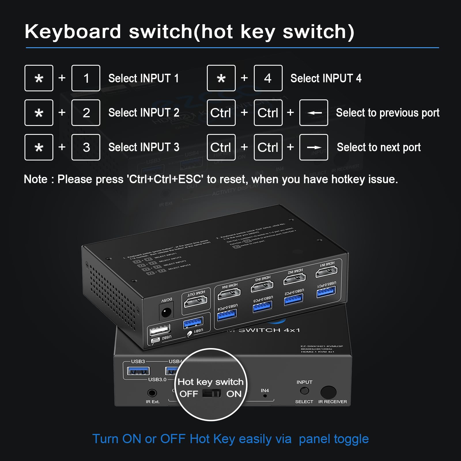 8K HDMI 2.1 KVM Switch USB 3.0 4 Ports mit Hotkey 8K @ 60Hz 4K @ 120Hz 48Gbps Teilen Sie 4 Computer mit einer Tastatur Mous HDR D-olby Vision HDCP2.2 Fernbedienung USB 3.0 Kabelx4