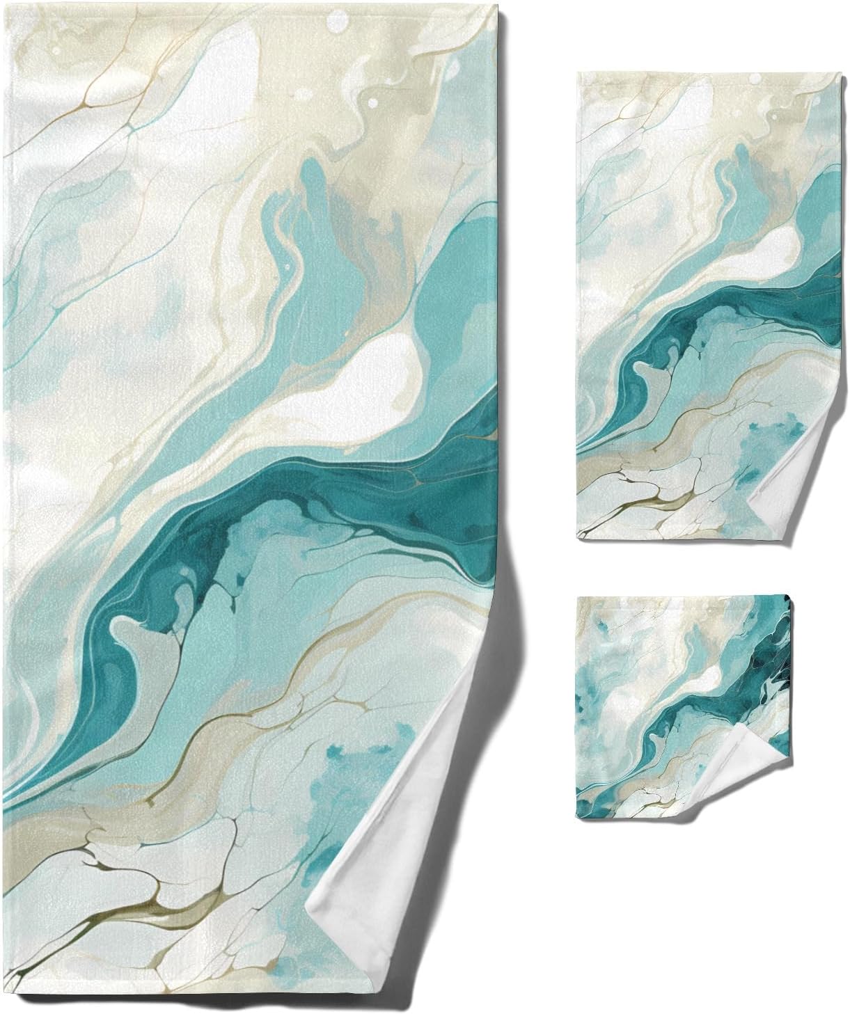 Teal Turquoise Marble Bath Towels Set Abstract Art Absorbent Bath Sheet Hand Towel Wash Cloth for Bathroom Spa Gym Guest Use