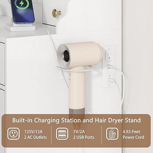 Miniatura 7 de Escritorio de tocador blanco con espejo y luces, mesa de tocador de maquillaje con espejo iluminado, 5 cajones y gabinete RGB, juego de tocador con