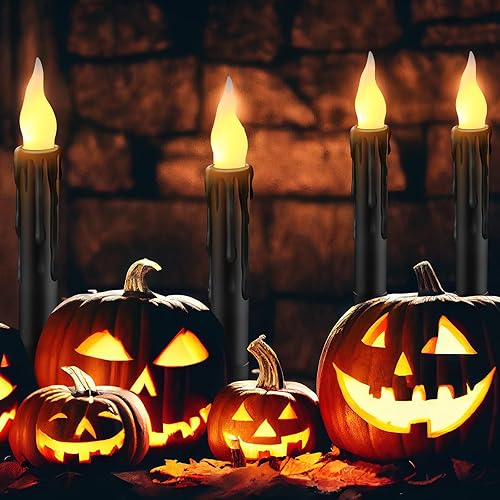 Miniatura 5 de Retisee 36 velas flotantes de Halloween sin llama, velas colgantes con varita, funciona con pilas, velas LED cónicas para ventana, luz parpadeante