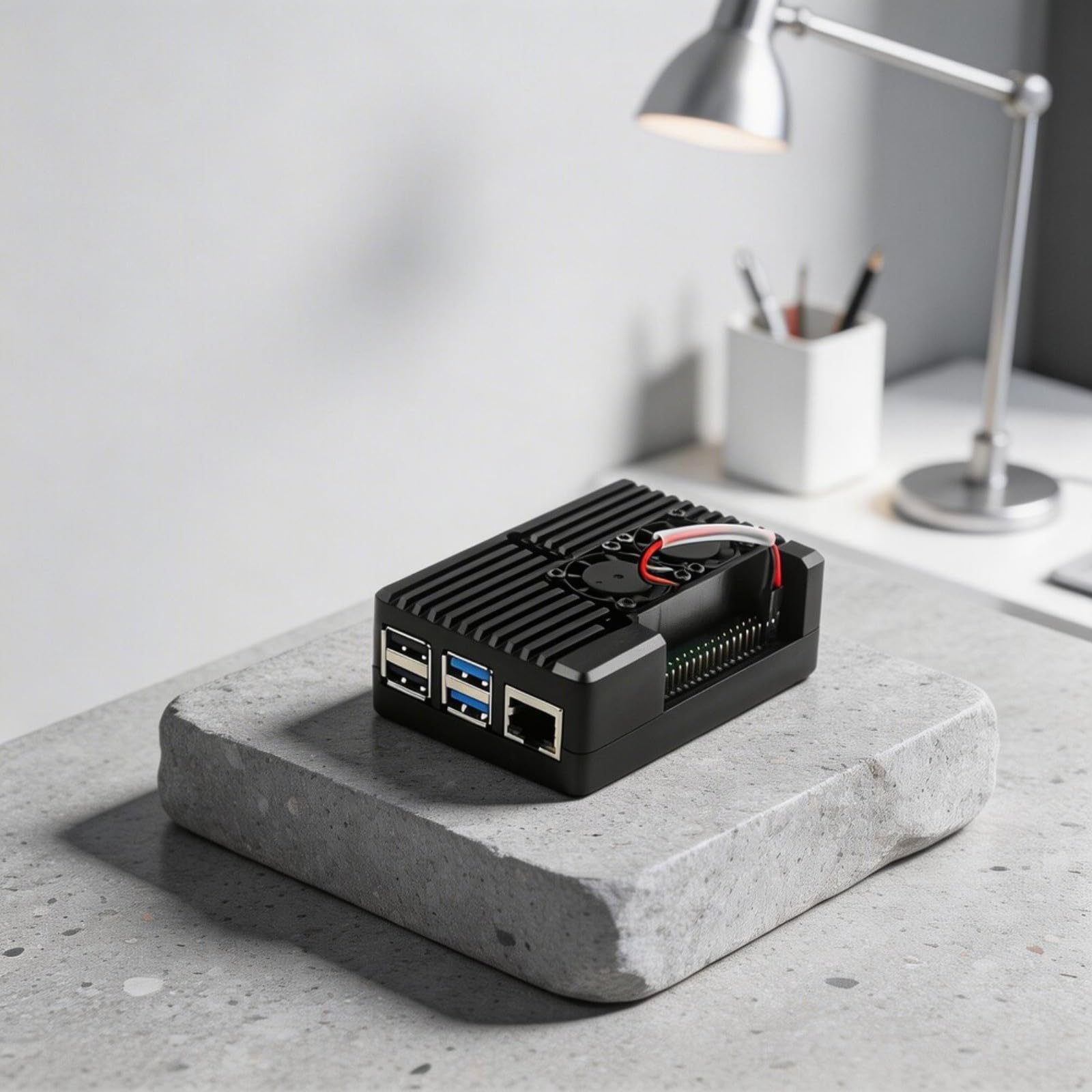 für Raspberry Pi 4 Gehuse Aluminium, Dual Fan Leise Kühlung, Schutzcase mit Wrmeleitpad, Offenes Design für WLAN, Schwarz