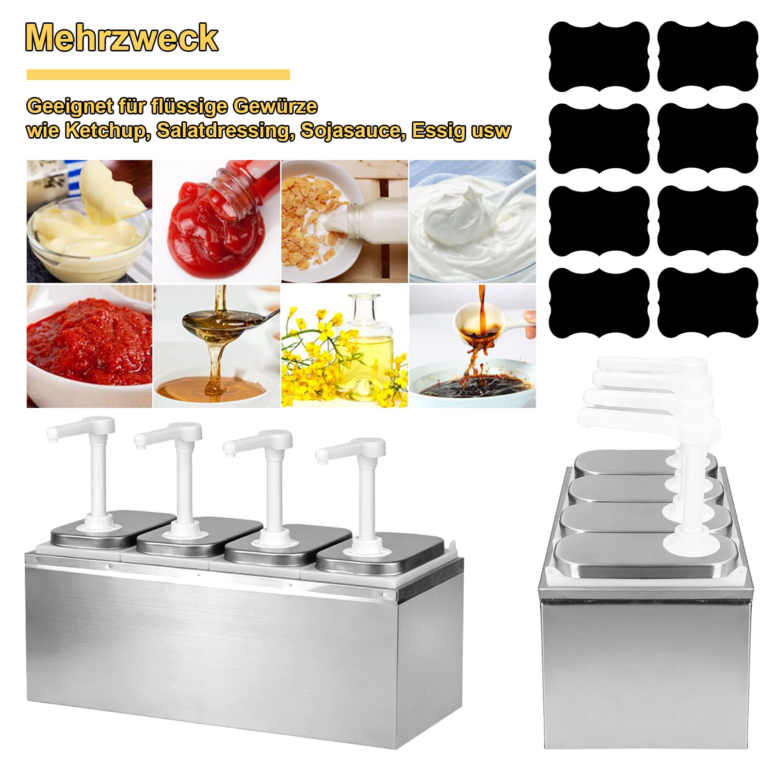 8L Ketchup Spender, Saucenspender mit 4 Pumpen, 8 Etiketten, Abnehmbar, Edelstahl-Gewürzpumpstation Küchensoßenspender, Salat Marmeladen Gewürz Gewürz Quetschpumpenbehälter für Küche und Restaurant
