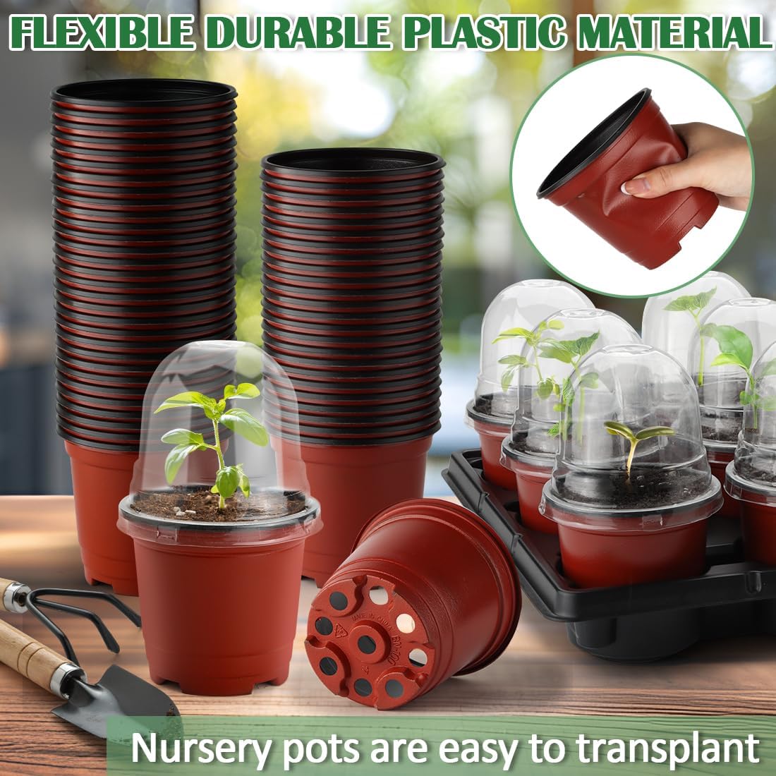 4 Inch 60 Pack Nursery Pots with Humidity Domes & 5 Pack 12 Cell Round Seedling Pot Carrying Trays, Sturdy Seeds Starter Pot Germination Set, Small Planter Nursery Propagation 5 Sets - Image 6