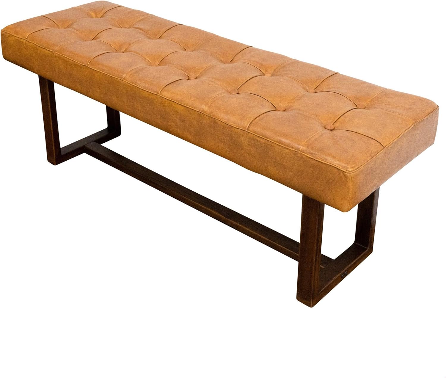 GDFStudio 51" Mid-Century Modern Genuine Leather Bench Indoor Upholstered Dining Room Bench with Solid Wood Frame Entryway End of Bed Ottoman for Living Room Bedroom Home Furniture, Tan