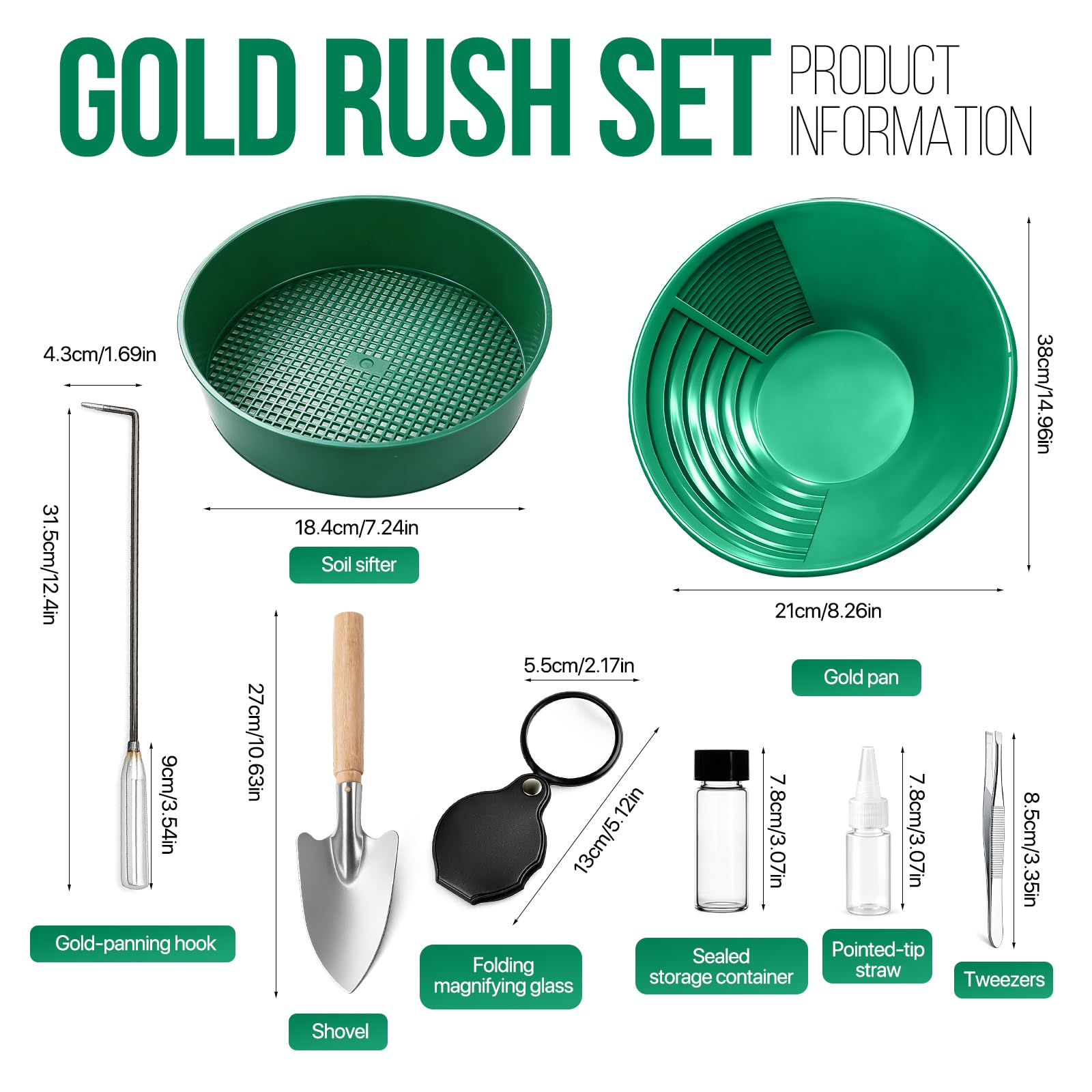 8 Stück Goldwaschpfanne Set, Goldwaschen Ausrüstung 38.5Cm, Goldwaschrinne Sieve Für Nugget Bergbau Wanne Manuelle Goldwaschanlage Ausgräbt, Goldschürfer Ausrüstung (Grün)