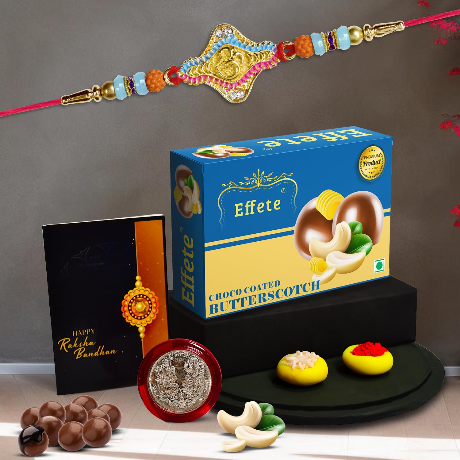 garth om rakhi with colorful design (k1_670_bs32) & chocolate butter scotch 32gm| rakhi for brother with gift | fancy rakhis for men stylish |rakhi combo for brother | set of 1 rakhi |