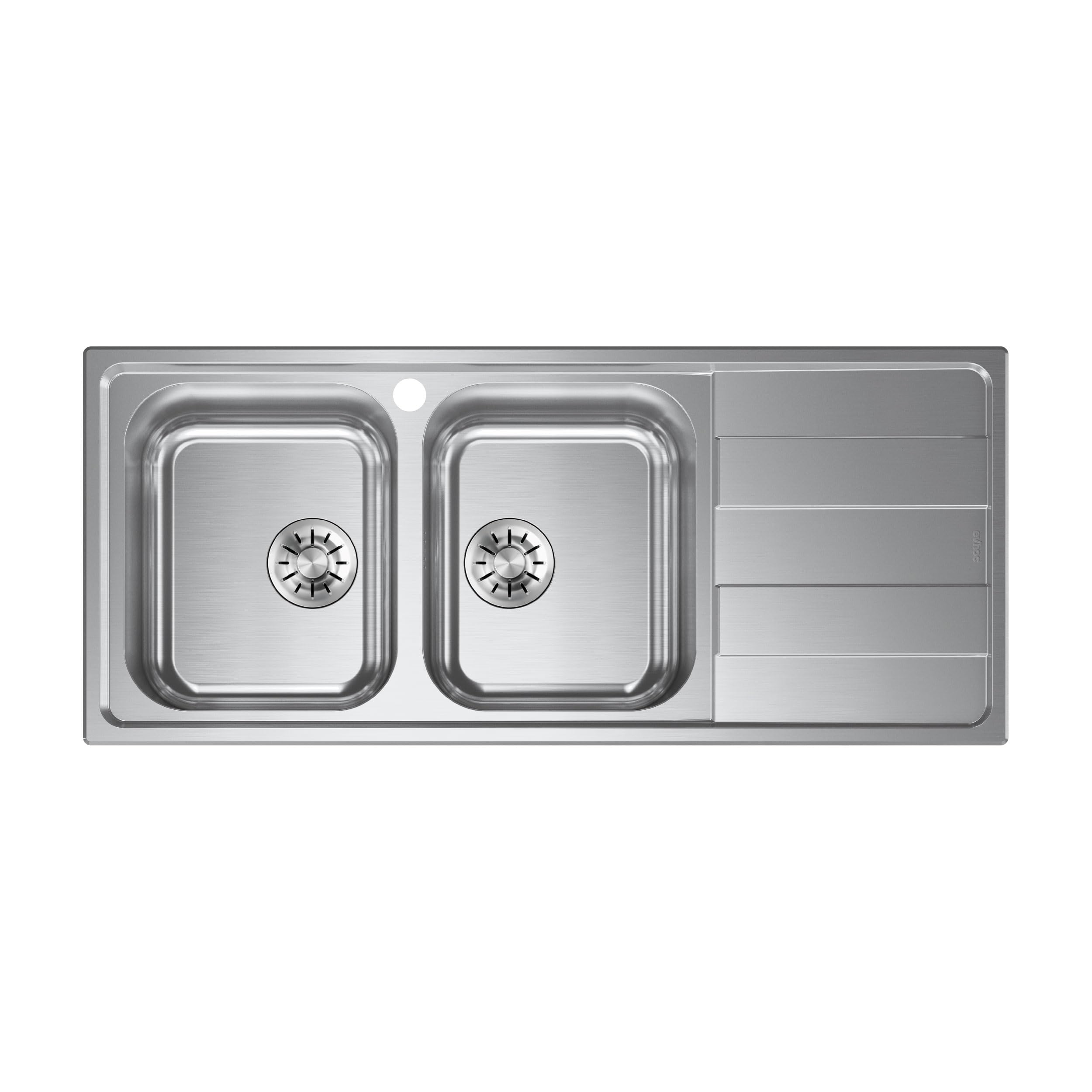 Evhoc Lavello Cucina Sopratop 116x50 cm 2 Vasche Sinistra con Gocciolatoio, Acciaio Inox AISI 304 Satinato, Piletta e Sifone Inclusi Inclusa, Made in Italy, Facile Pulizia, AURA L