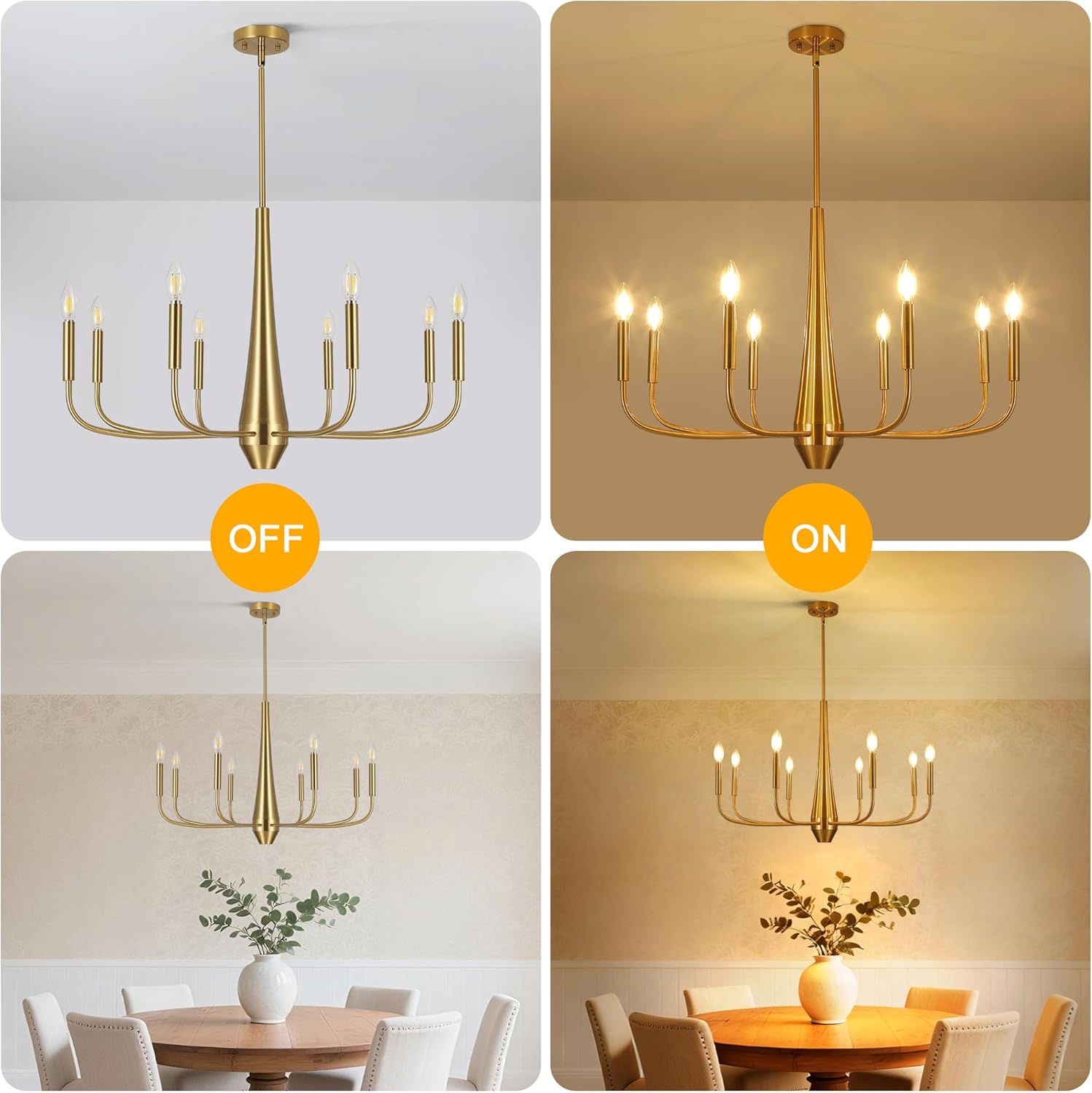 ACNKTZ Gold Chandeliers for Dining Room, 8-Light Modern Farmhouse Metal Chandelier, Brushed Brass Vintage Candle Lighting Hanging Ceiling for Kitchen Island Living Room Foyer Bedroom