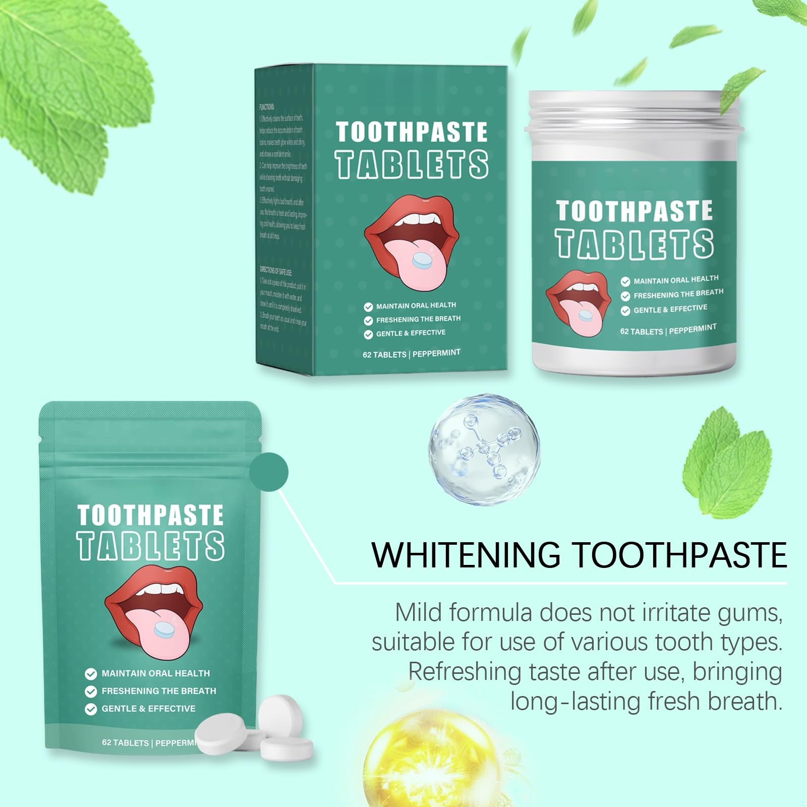 Compresse di dentifricio sbiancante: rimuovono macchie e ingiallimento, rinfrescano l'alito, facili da masticare for l'igiene orale quotidiana(3pcs)