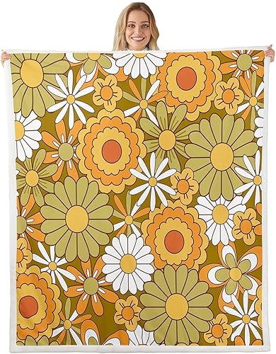 Hippie Daisy Throw Flannel Blanket,70s Vintage Groovy Flower Plant Fleece Throw Blanket for Home Decor Sofa Couch,Rustic Floral Yellow White Fleece