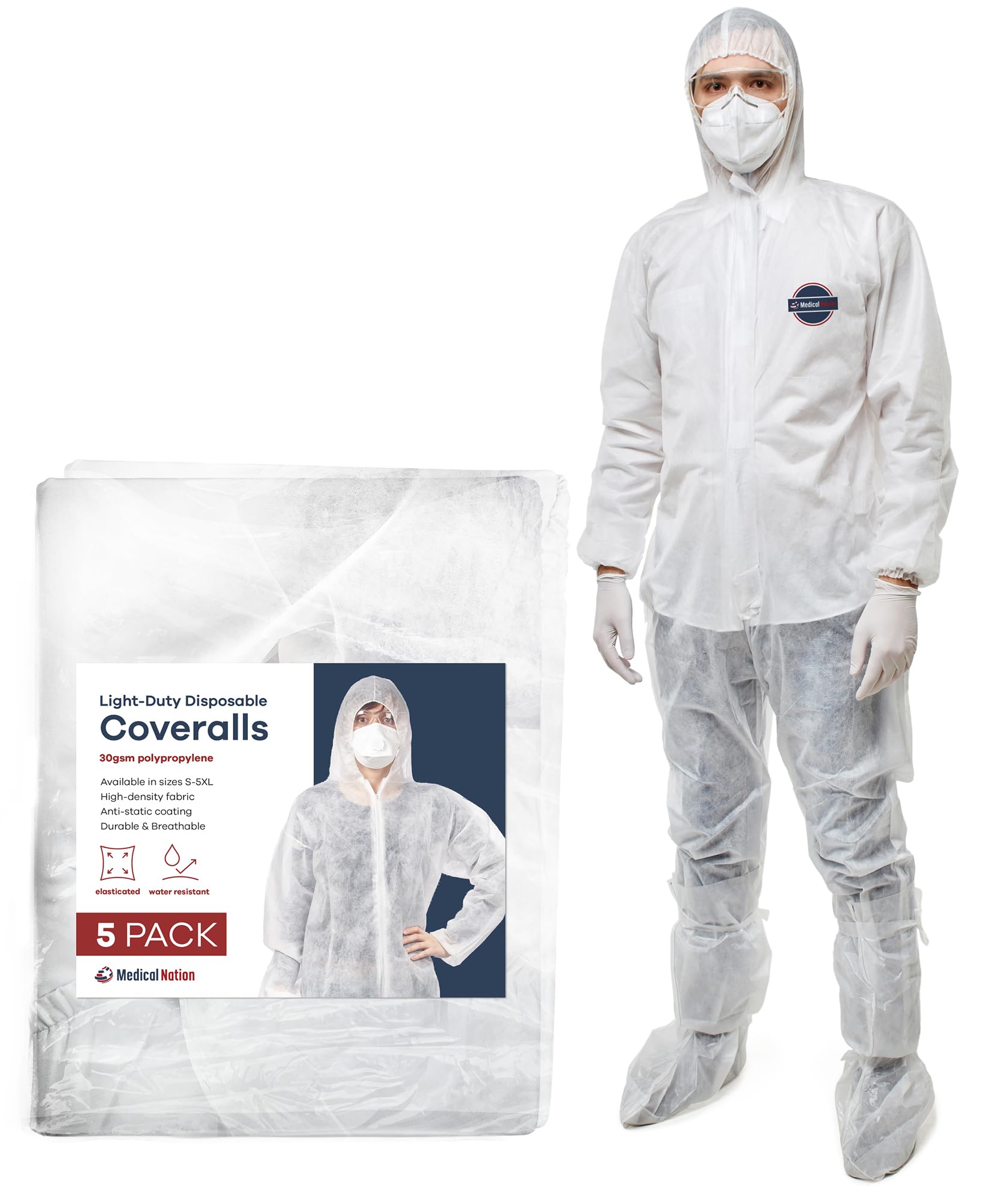 Medical Nation Hazmat Suits Disposable | 5 Pack | Light Duty Disposable Coveralls Men | with Attached Hood and Boots - Overall Protective Chemical