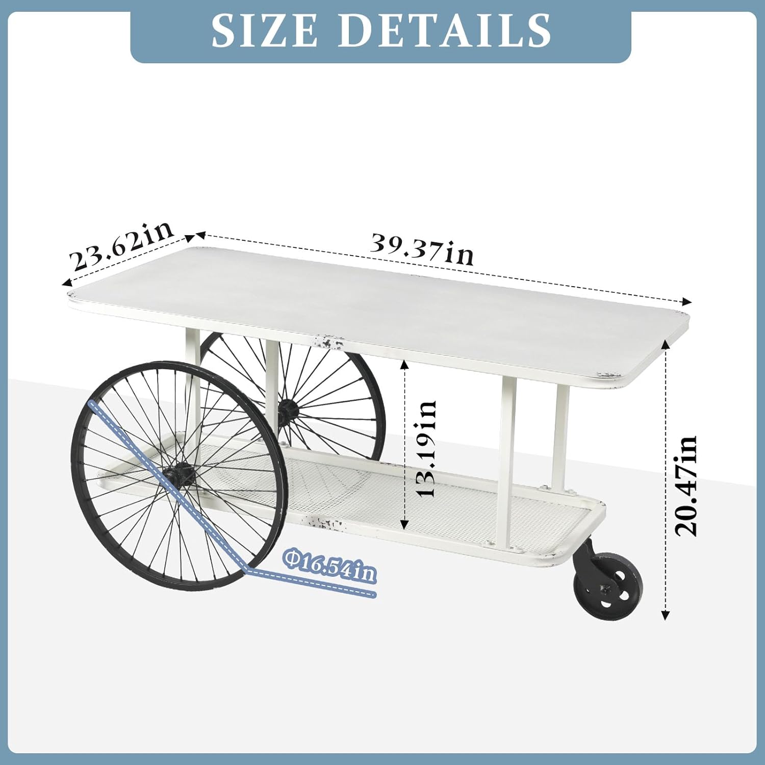 Topower Farmhouse Double Layer Iron Cart Center Table, Industrial Style Coffee Table with Wheels for Living Room, Bedroom, Coffee Shop, Antique White