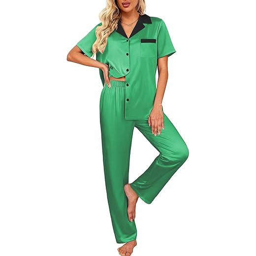Ekouaer Satin Pajamas Set for Women Silk Button Down Sleepwear Short Sleeve Loungewear 2 Pieces Nightwear