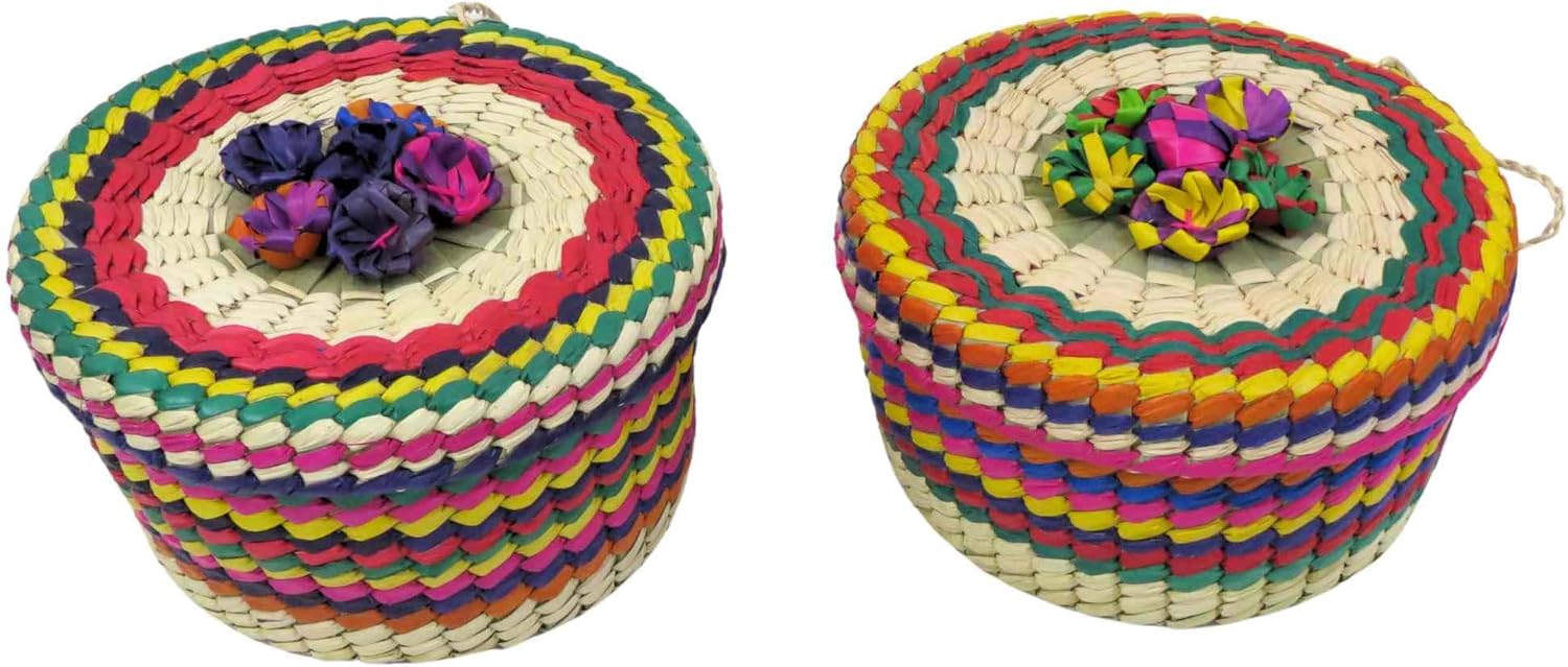 Mexican Palm Tortilla or Bread Warmer Basket, 9 in x 5 in, Colorful Woven Design, Set of 2
