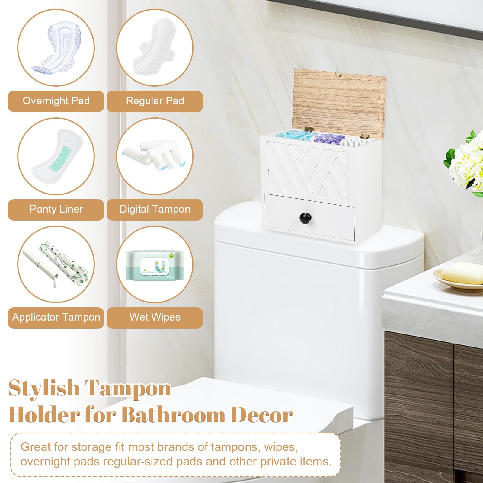 3 Compartiments Boite Rangement Serviette Hygiénique, Boite Rangement Tampon Sanitary Pad Storage Box avec Couvercle, Boîte de Rangement pour Tampons pour Salles de Bains, Salons et Bureaux (Blanc-1)