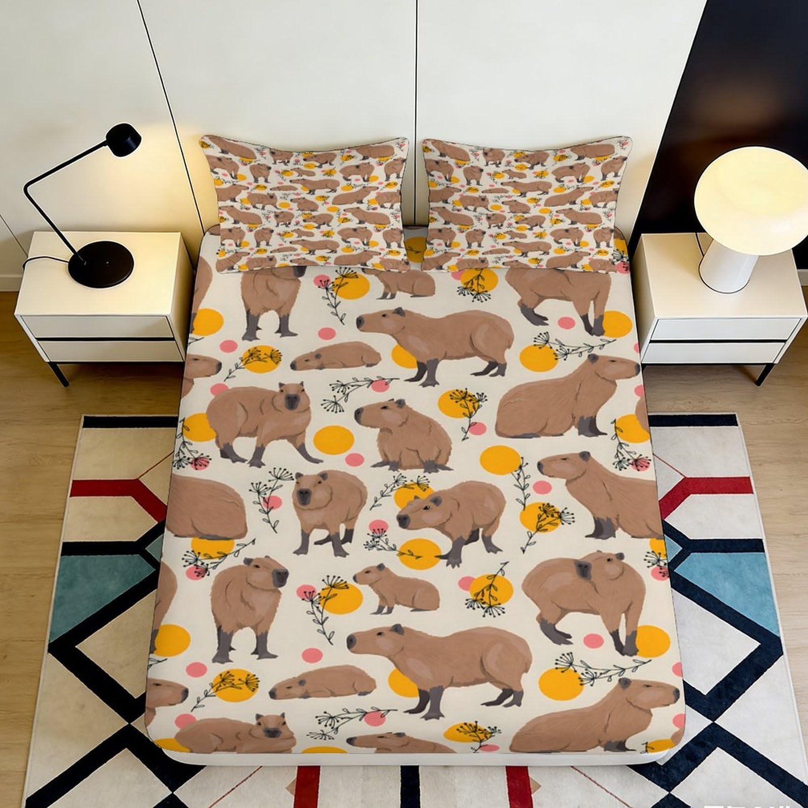 3D Printed Capybara Fitted Sheet Microfiber Deep Pocket Bedroom Bedding Capybara Mattress Fitted Cover Non-Slip Elastic Hem for Home Use 200x200x25cm 90x200x25cm
