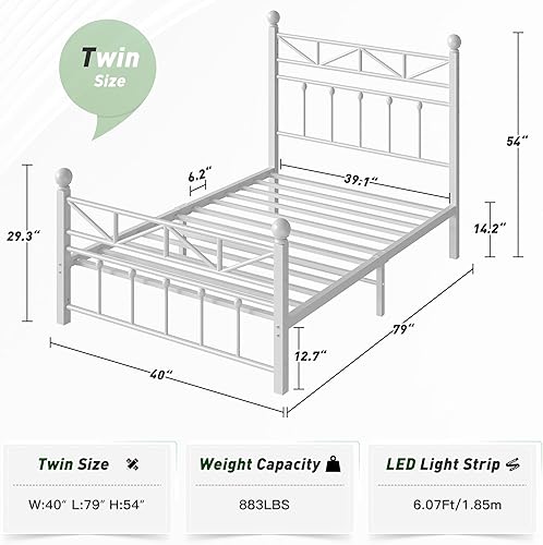 Miniatura 2 de EnHomee Marcos de Cama Individuales de Metal de 54" con Cabecero Alto y Piecero, Marco de Cama Individual con Luz LED, Soporte de Listones de Metal