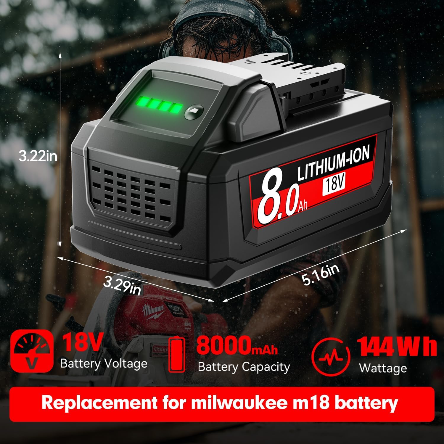 Replacement for Milwaukee M18 Battery Lithium XC 8.0Ah Compatible with Milwaukee 18V 48-11-1815 48-11-1820 48-11-1840 48-11-1850 48-11-1860 Cordless Tools Garage Outdoor Professional 2pack - Image 4