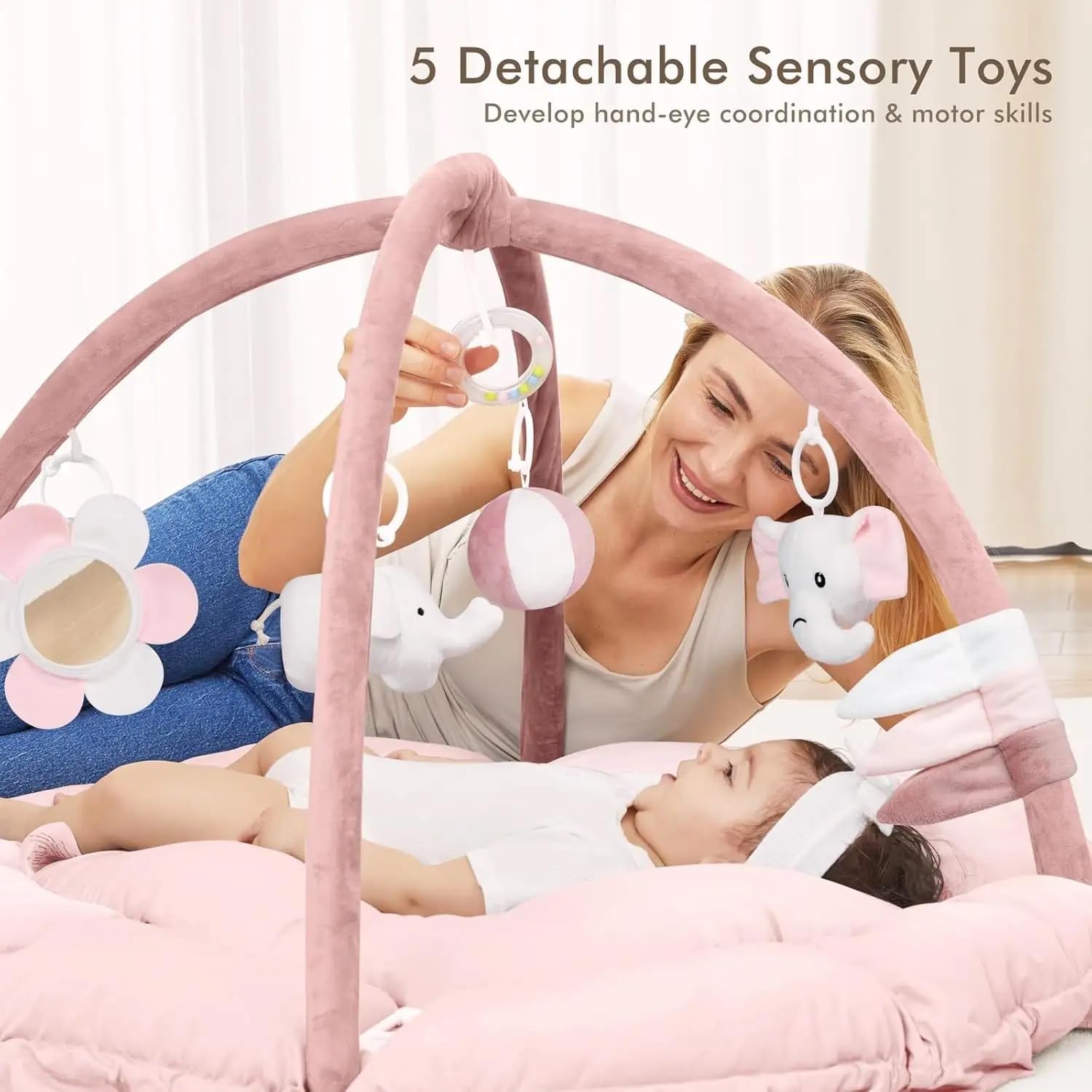 Tapis d'éveil Bébé Rembourré et Réversible 120x90x73 cm avec Jouets Sensoriels Rose