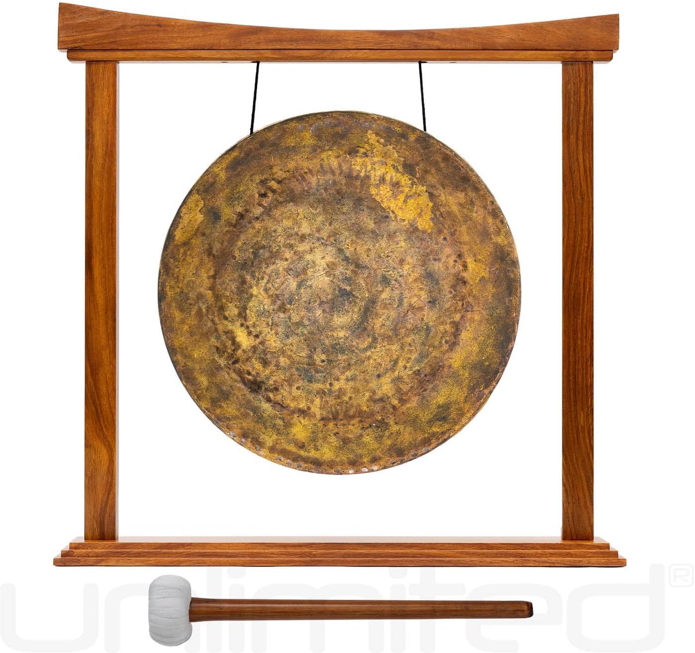 16" Gongs on Large Eternal Present Stand Includes Gong, Rope, Traditional Mallet, & Stand/Traditional Chinese Bronze/Hand Carved Hardwood Stand/Easy to Play