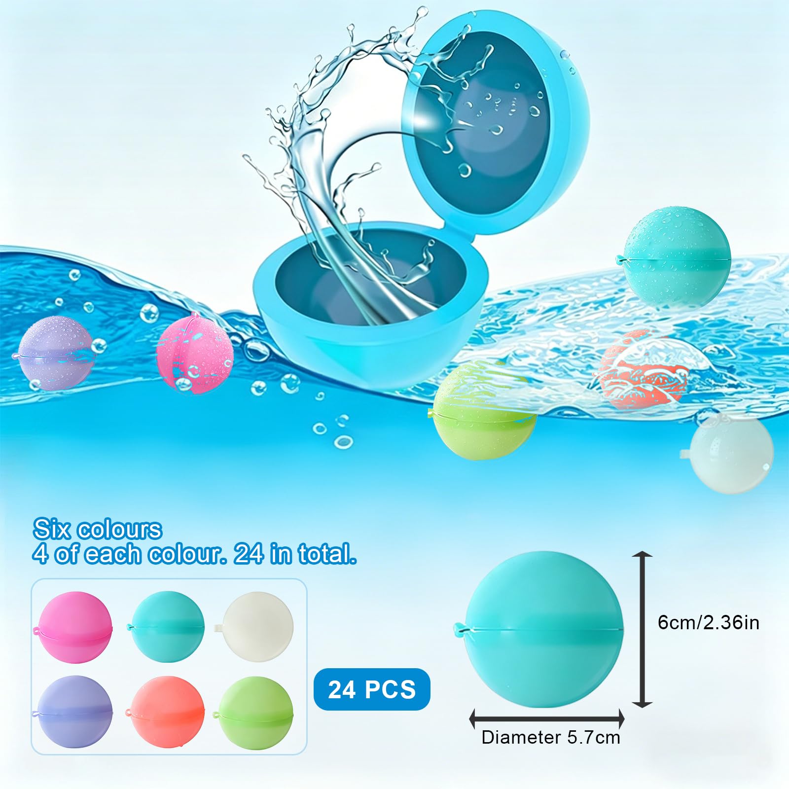 ZhouWei 24 Piezas Globos de Agua Reutilizables Globos de Agua Hinchables Rápidos Silicona Colores Reusable Water Balloons para Uso al Aire Libre Piscina Parque Acuático Fiesta Niños Adultos