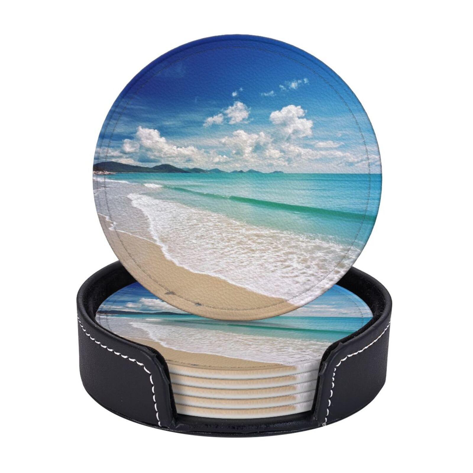 Drink Coasters Set of 6 Coffee Leather Coaster with Holder Ocean Sea Beach Coasters for Drinks Coffee Cup Mat Heat Resistant Tabletop Protection Coaster Desk Accessorie Home Decorative