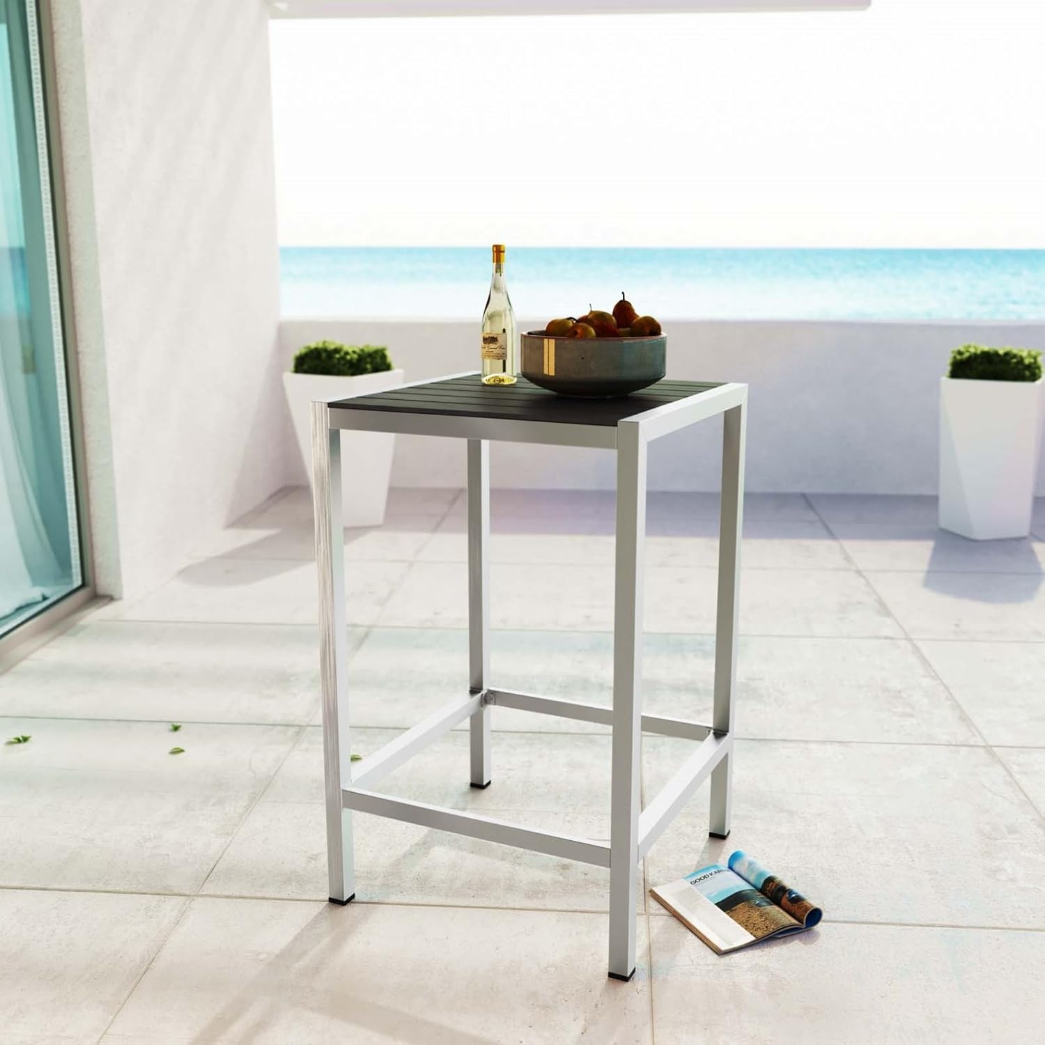 Modern Contemporary Urban Design Outdoor Patio Balcony Bar Table, Grey Gray, Metal Aluminum