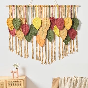 Fall Leaf Macrame Wall Hanging, Boho Brown Leaves, 39.4" W x 31.5" L
