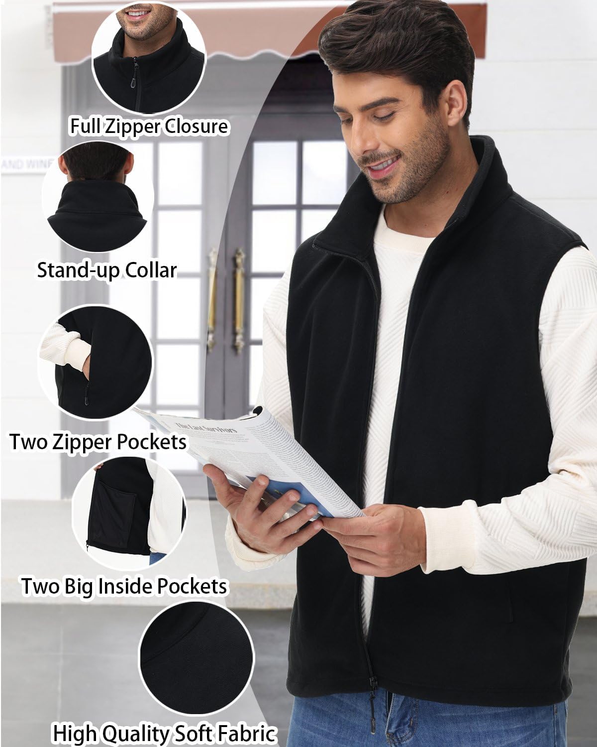 JIHUILAI Mens Polar Fleece Lightweight Vest With Zipper Pockets Warm Men's Zip Up Vests Outerwear Winter Sleeveless Jacket - Image 6
