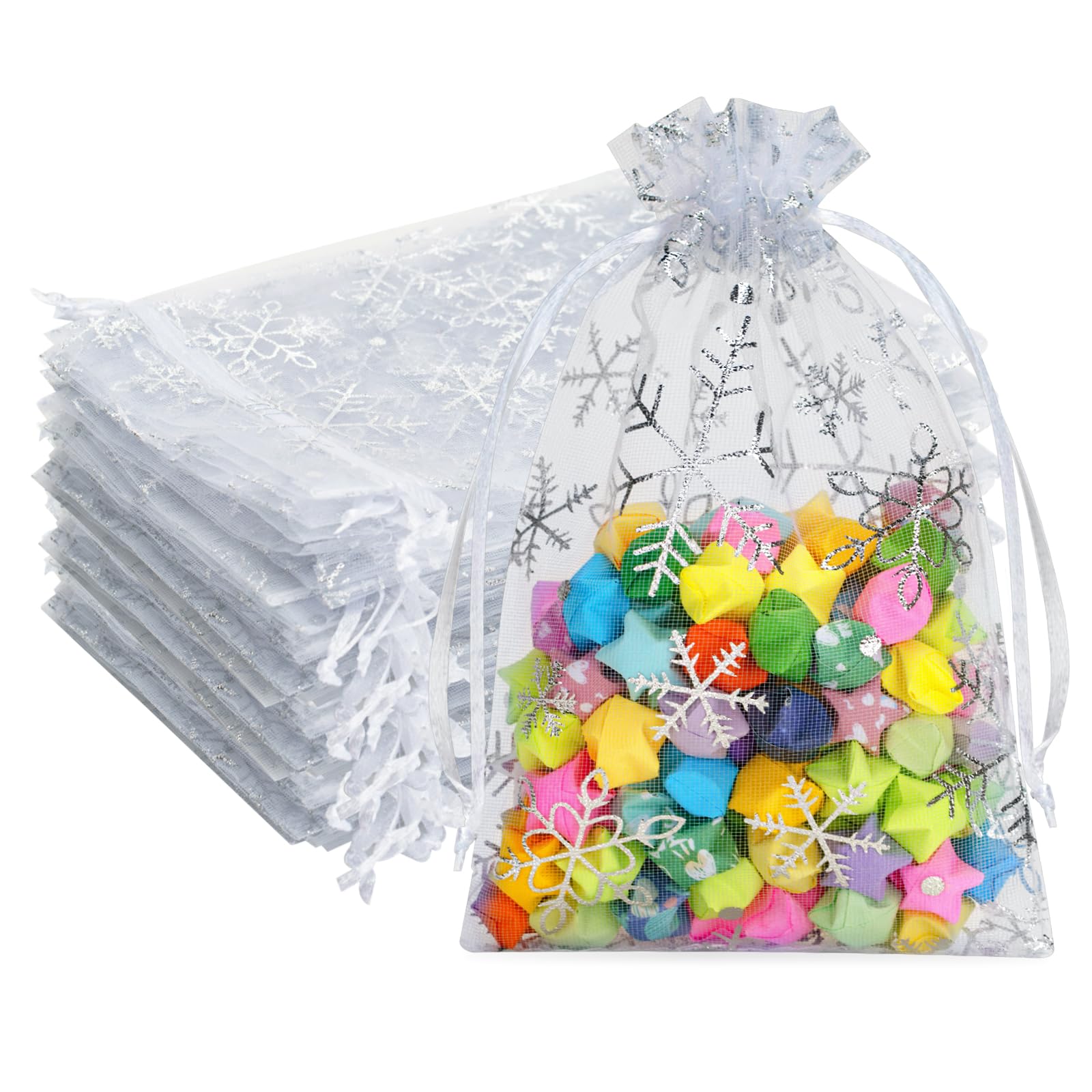 G2PLUS Christmas Drawstring Organza Bags 4x6-50PCS Christmas Snowflake Organza Gift Bags, White Sheer Mesh Pouches, Xmas Winter Holiday Sheer Mesh Bag