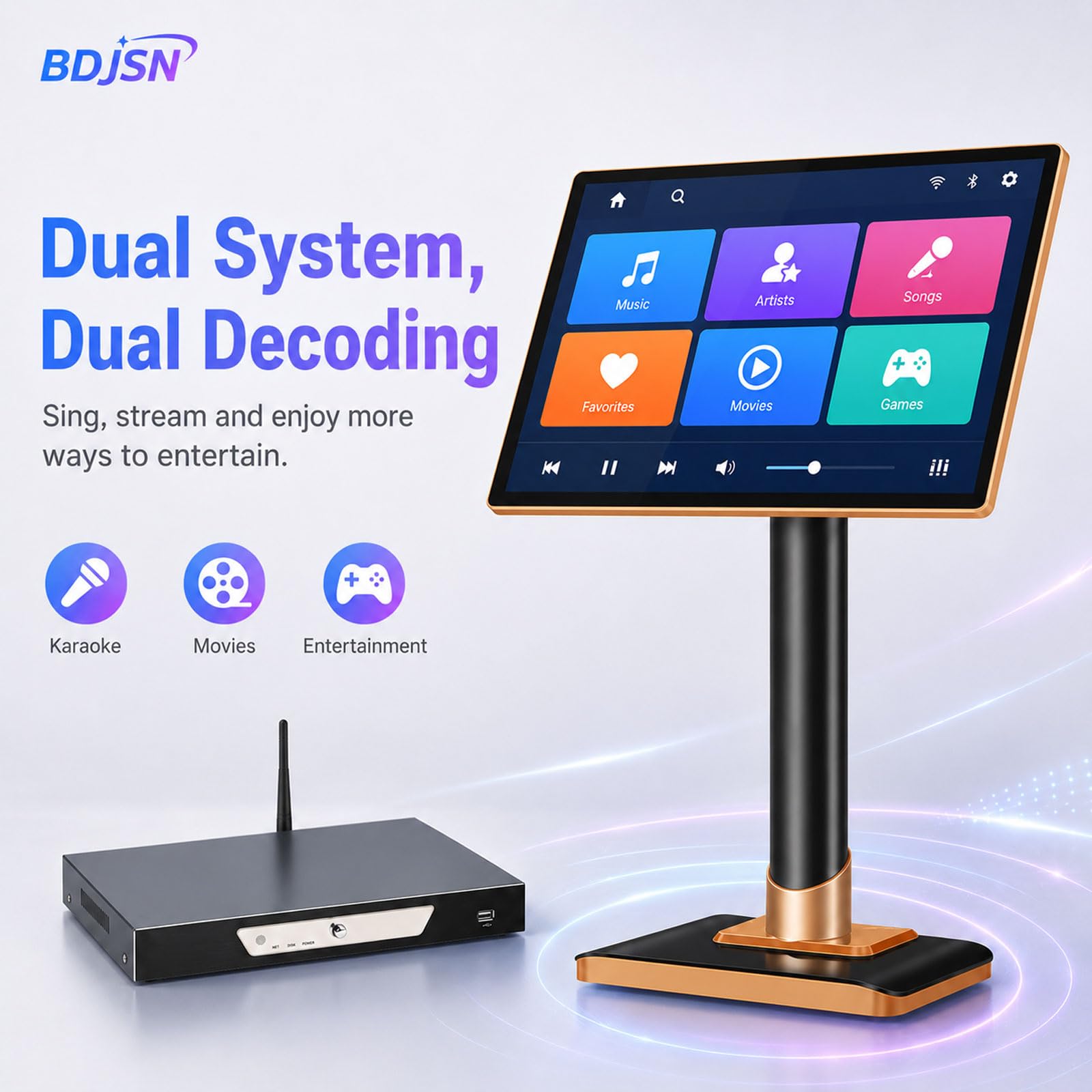 Sistema Karaoke con Schermo Touch 4k da 19 Pollici, 2 Microfoni Wireless E Ricevitore. Controllo Brani Tramite App Wi-Fi, Memoria 3 TB, Multilingue. Adatto per Casa, Bar E Feste