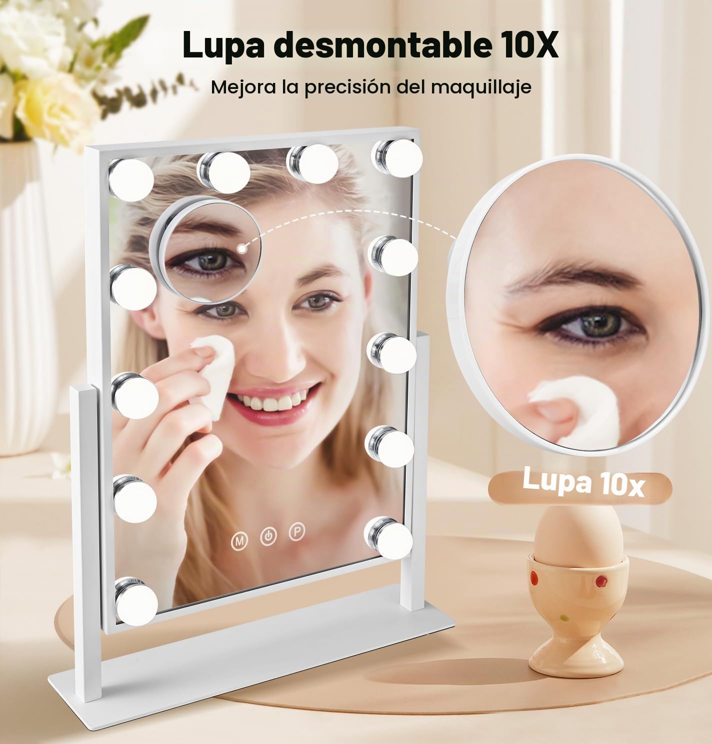 Espejo Hollywood con iluminación LED Tipo C y Puerto de Carga USB 12 Luces atenuadoras Espejo de Maquillaje con 3 Modos de luz con iluminación Espejos Hollywood Montaje en Pared Blanco 40x30cm