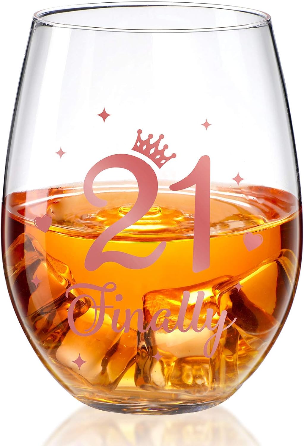 Stemless Wine Glass Rose Gold Birthday Wine Glass Present Anniversary Glasses for Man Women Birthday Party Wedding Anniversary Decorations, 17 oz (21 and Fabulous)