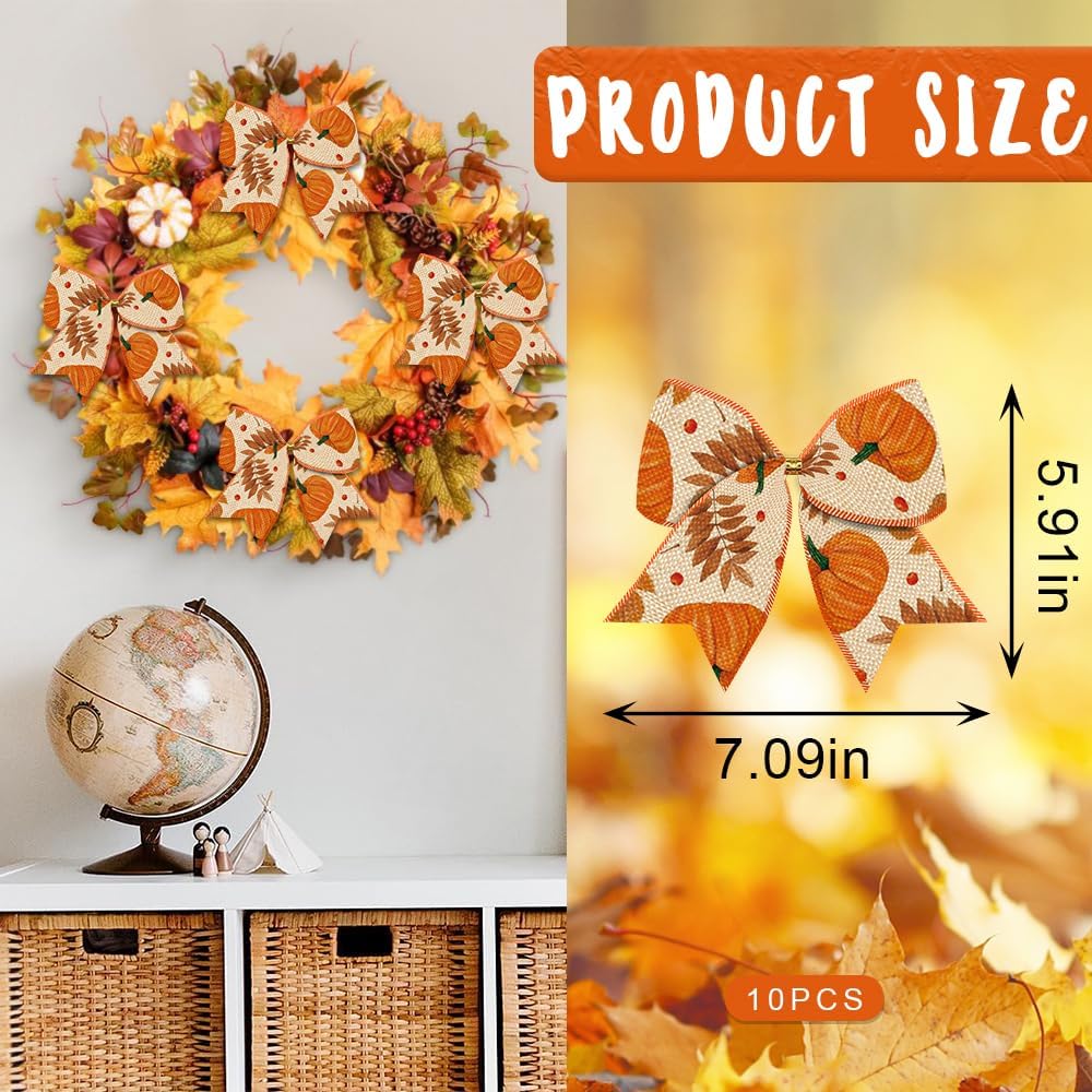10PCS Fall Wreath Bows Thanksgiving Bows Pumpkin Leaves Rustic Farmhouse Burlap Linen Bows for Wreath, Autumn Ribbon Bows for Thanksgiving Party Home Indoor Outdoor Decoration Wreath Ornament Supplies