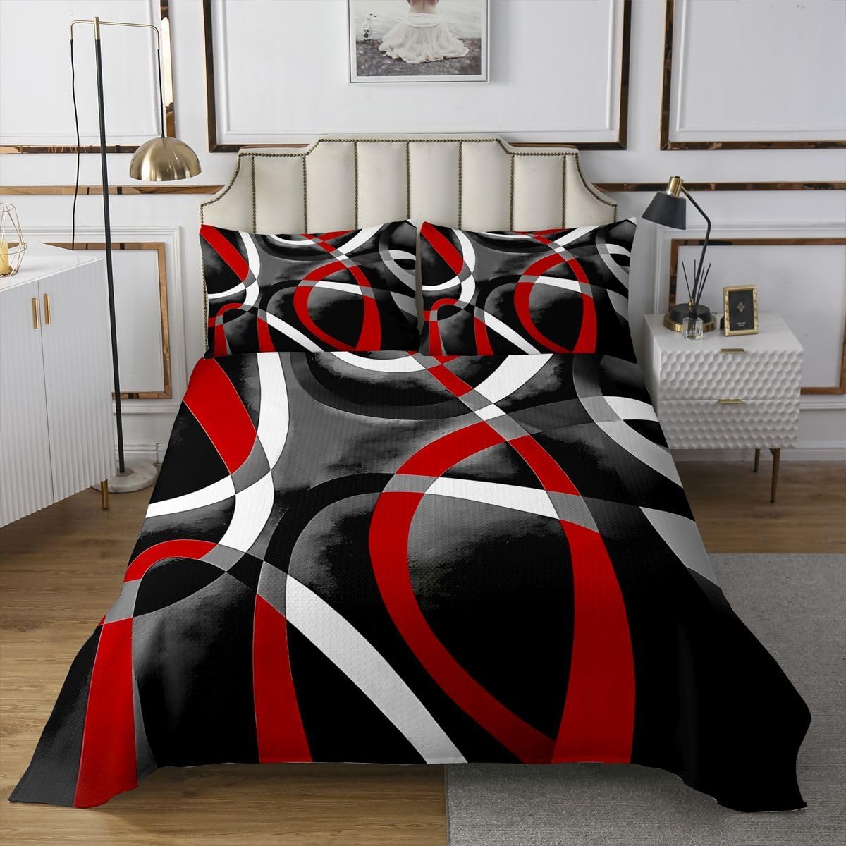jejeloiu Circle Geometric Bedspread Twin Size Red Gray Coverlet Set Modern Abstract Quilted Coverlet for All Season with 1 Pillowcase Stripe Line Microfiber Lightweight
